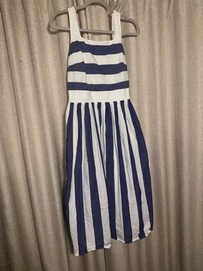 COS Navy and White Striped Sleeveless Midi Dress with Square Neck